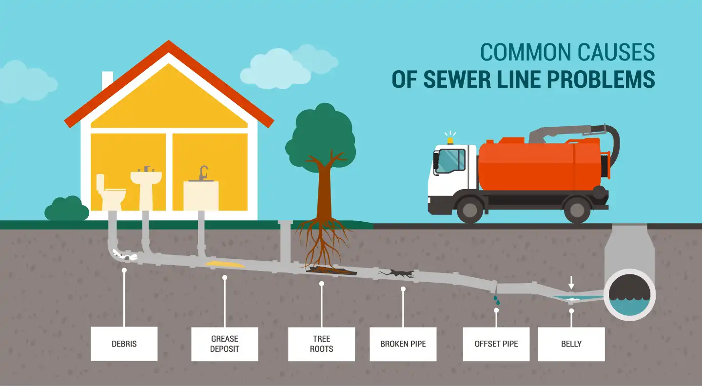 Common Causes of Sewer Line Problems: Debris, Grease Deposit, Tree Roots, Broken Pipe, Offset Pipe, Belly